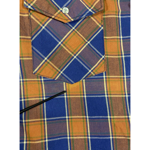 Wrangler Shirt Mens Large Orange Blue Plaid Pearl Western Cowboy Vintage 80s - Picture 9 of 15